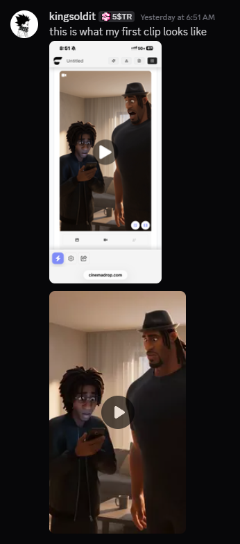 Discord screenshot: a customer says “this is what my first clip looks like” and shares their generated AI clip
