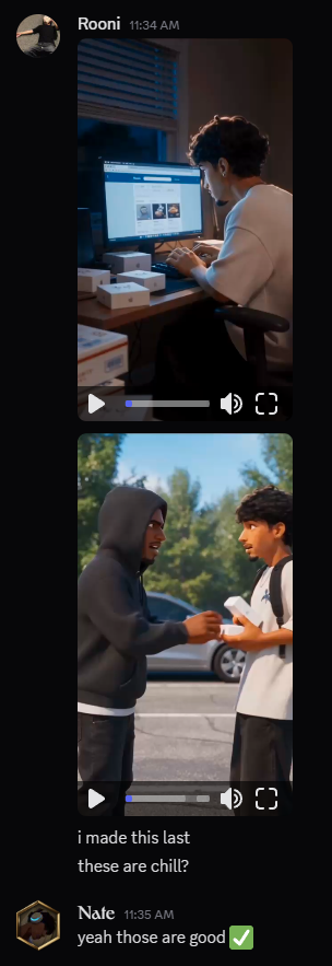 Discord screenshot: a customer shares two AI clips they created and asks Nate for feedback
