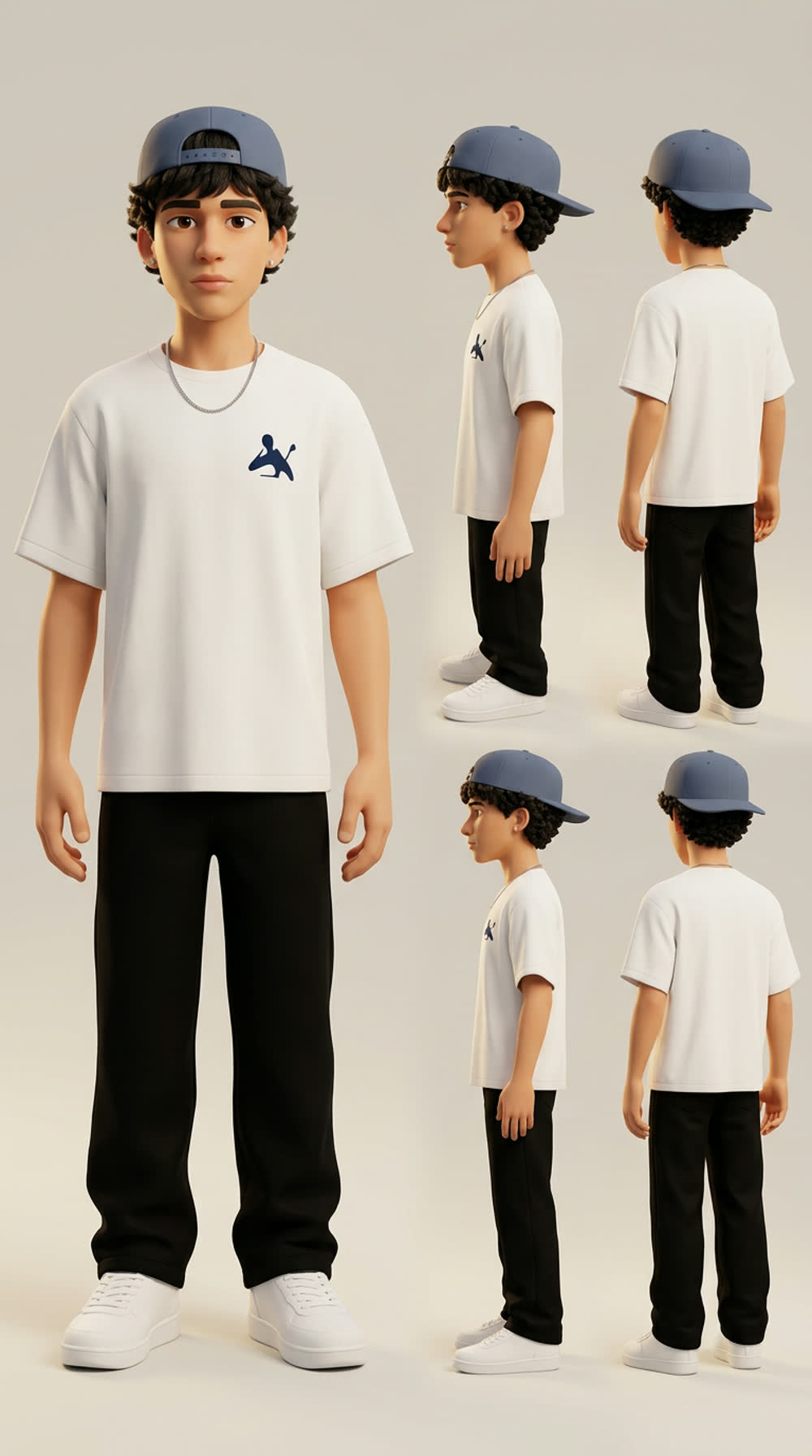 Character reference sheet showing the same AI character from multiple angles